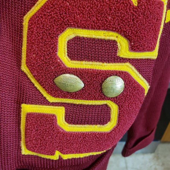 50's Cardigan Letterman Football/Basketball Sweater Wool vintage Crimson & Gold - Picture 3 of 11